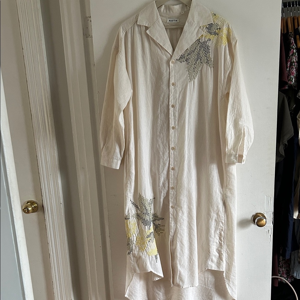 KOTN Cream Button-Up Dress with Yellow and Green Stitched Floral Details